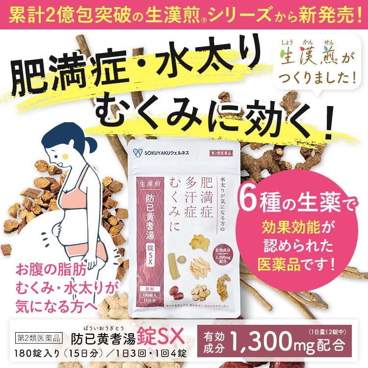 生漢煎 防已黄耆湯錠SX 180錠入(15日分) 漢方 むくみ 水太り 肥満症 多汗症 下半身太り 関節痛 効果 利尿 錠剤