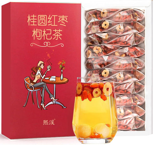 煕渓 人参桂圓枸杞紅棗茶 300g(15g*20袋) 桂圆红枣枸杞茶 西洋参、桂円干し、ナツメ干し、クコの実、氷砂糖を組み合わせたもの フルーツティー 花茶 養生茶 漢方 女養気血茶 無添加 ノンカフェイン 桂圆红枣茶