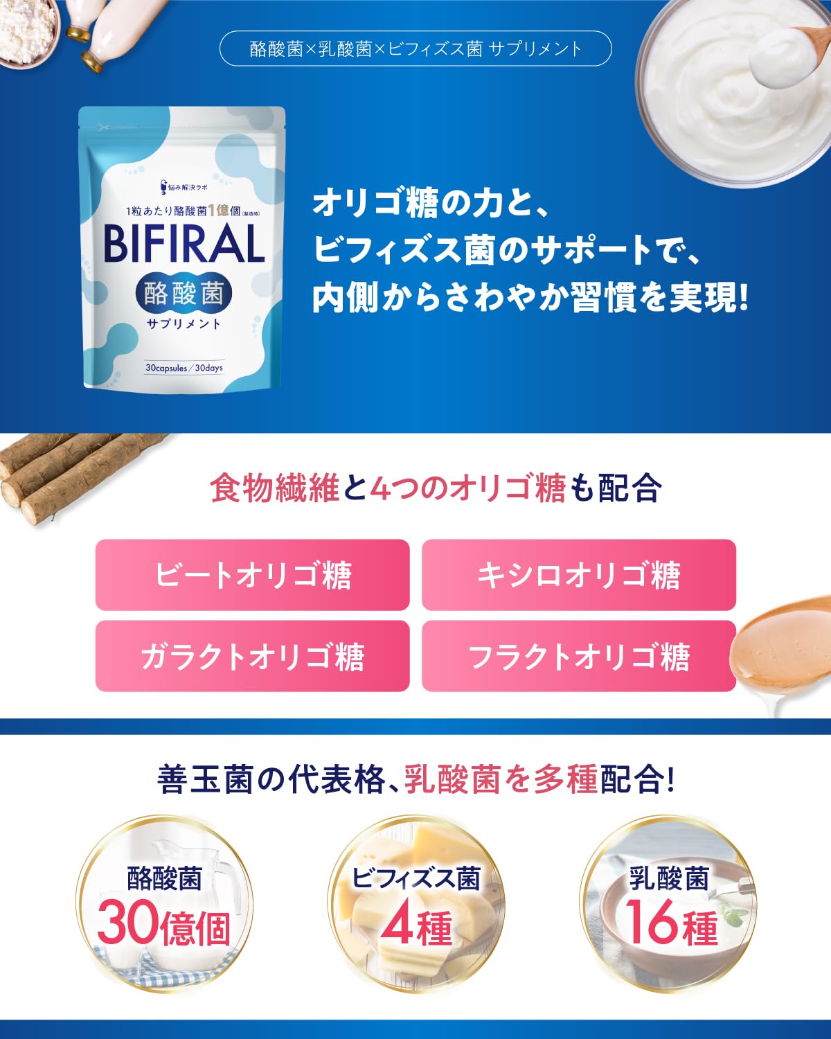BIFIRAL Live Butyric Acid Bacteria Supplement, 3 billion Butyric Acid Bacteria, 3 Billion Bacteria, 30 Day Supply, Made in Japan, Bacterial Activity, Oligosaccharide, Inulin, Probiotics