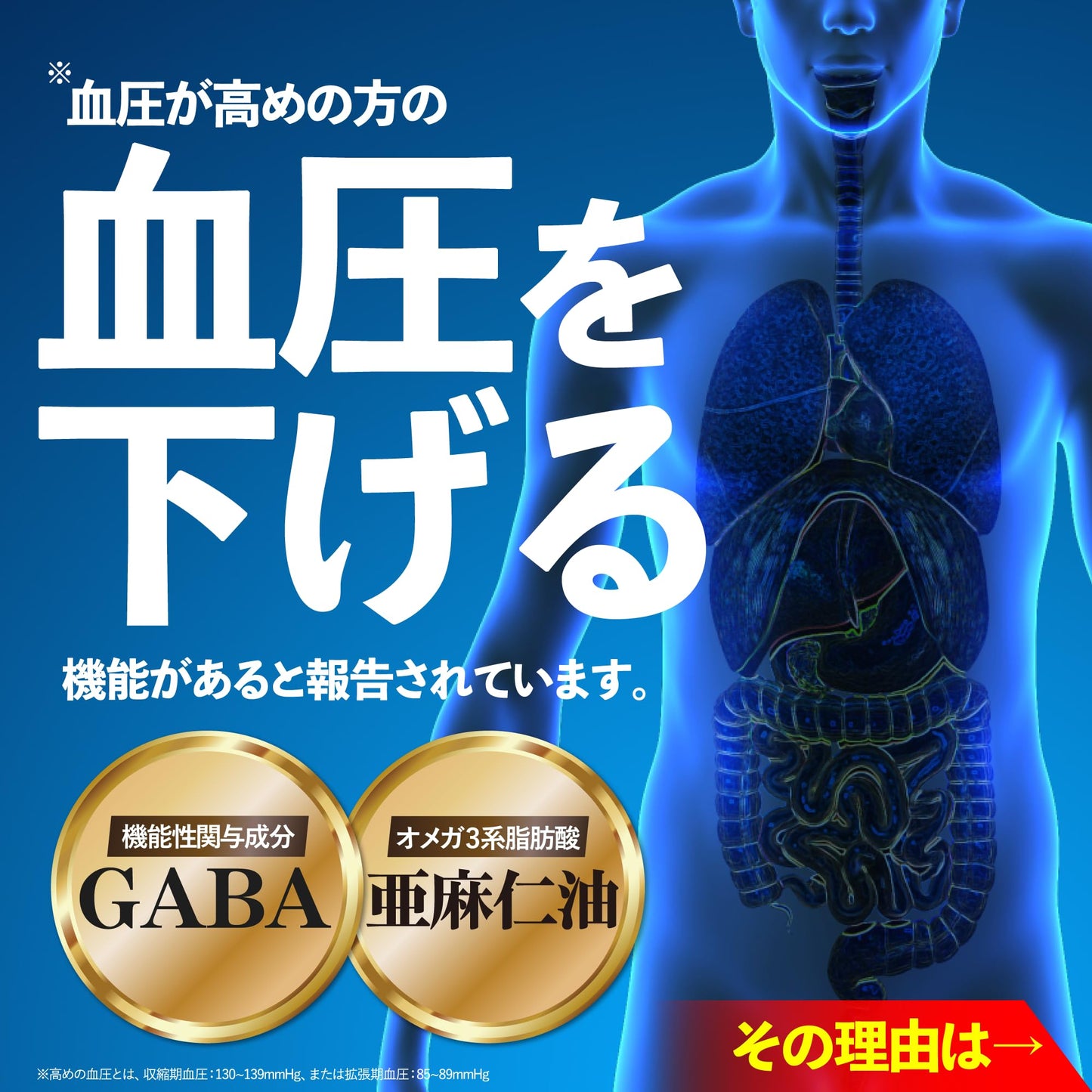 GABA Blood Pressure Reducing Supplement, For 30 Days, 60 Tablets, Blood Pressure Countermeasures, Omega 3, Linseed Oil, Gaba, Food with Functional Laboratory